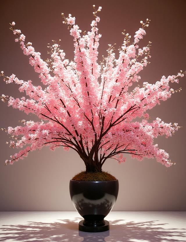 An elaborate Ikebana arrangement featuring delicate cherry blossoms for a corporate event.