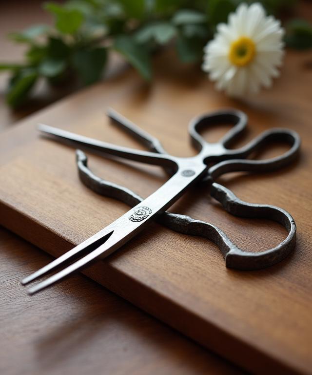 Traditional Ikebana tools including hasami scissors and a kenzan.